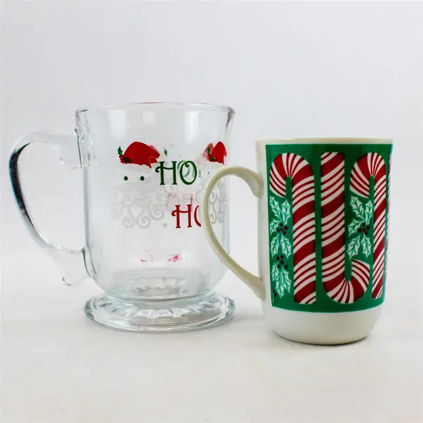 Lot of 2 Vintage Libbey Santa "Ho Ho" Clear Glass  Candy Cane Coffee Mugs