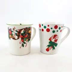 Lot of 2 White Christmas Ceramic Coffee Mugs Candy Cane & Garland