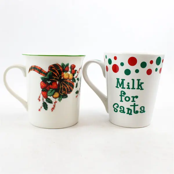 Lot of 2 White Christmas Ceramic Coffee Mugs Candy Cane & Garland