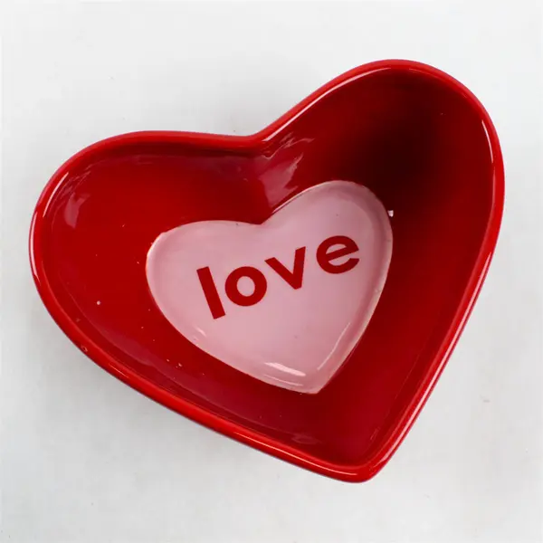 Hand-Painted Red Ceramic Heart Candy Bowl "Love" Inside
