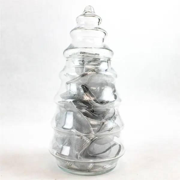 Vintage Clear Glass Christmas Tree Candy Jar w/ Silver Ribbon