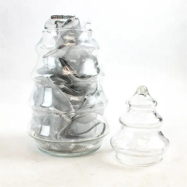 Vintage Clear Glass Christmas Tree Candy Jar w/ Silver Ribbon