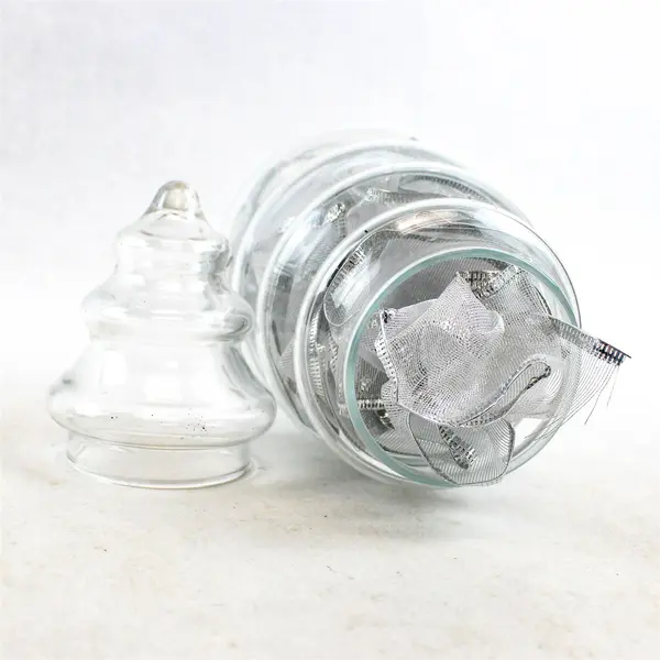 Vintage Clear Glass Christmas Tree Candy Jar w/ Silver Ribbon
