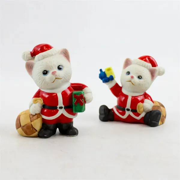 Lot of 2 Vintage Ceramic Christmas Kitten Santa Figurines - New
