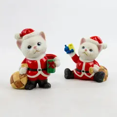 Lot of 2 Vintage Ceramic Christmas Kitten Santa Figurines - New