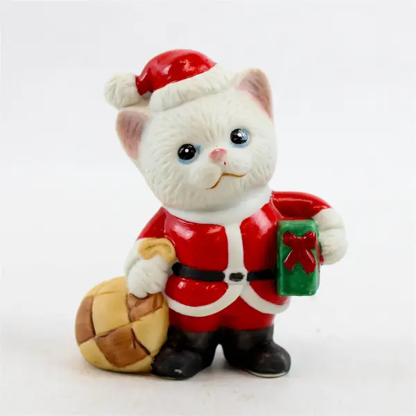 Lot of 2 Vintage Ceramic Christmas Kitten Santa Figurines - New