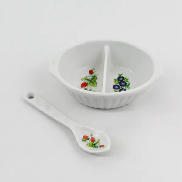 Set Of 2 Unbranded Small Fruit Printed Ceramic Divided Jam/Jelly Dish W/ Spoon