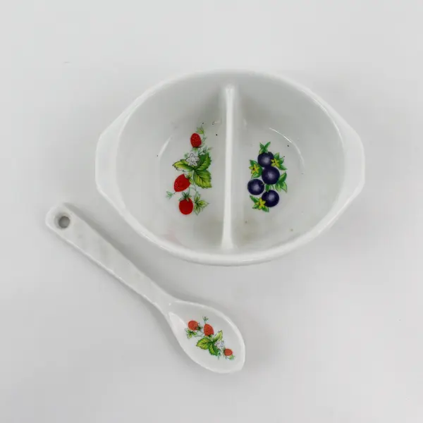 Set Of 2 Unbranded Small Fruit Printed Ceramic Divided Jam/Jelly Dish W/ Spoon