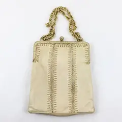 Vintage Cream Colored Leather Stitched Design w/Heavy Gold Chain Evening Purse