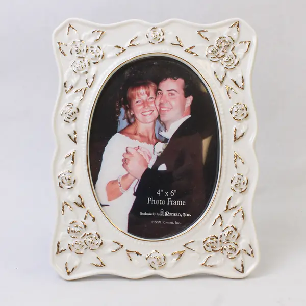Roman Inc. White Ceramic 4x6 Picture Frame w/ Gold Accents - New