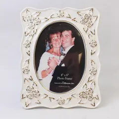 Roman Inc. White Ceramic 4x6 Picture Frame w/ Gold Accents - New