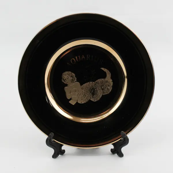 C & F Collectables Aquarius Horoscope Souvenir Plate Black W/ Gold Trim 6.25"
