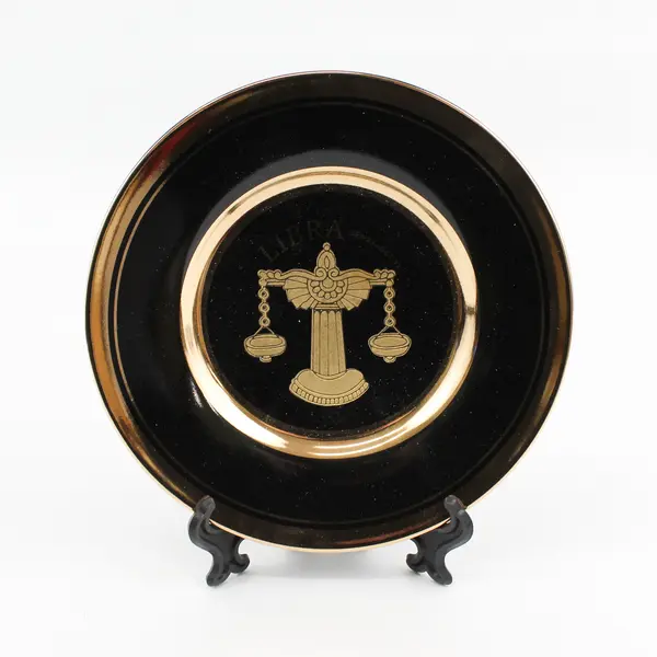 C & F Collectables Libra Horoscope Souvenir Plate Black W/ Gold Trim 6.25"