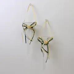 Lot of 2 Clear Plastic Hanging Vases w/ Green & Gold Ribbon