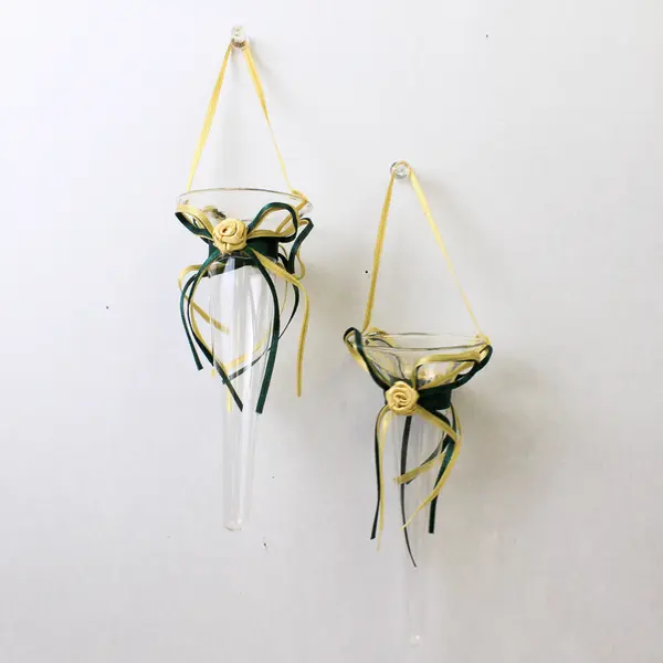 Lot of 2 Clear Plastic Hanging Vases w/ Green & Gold Ribbon