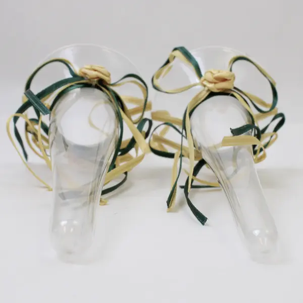 Lot of 2 Clear Plastic Hanging Vases w/ Green & Gold Ribbon