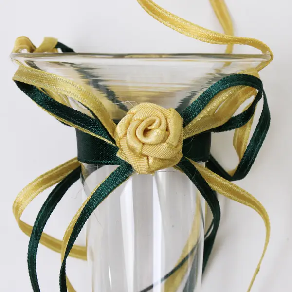 Lot of 2 Clear Plastic Hanging Vases w/ Green & Gold Ribbon