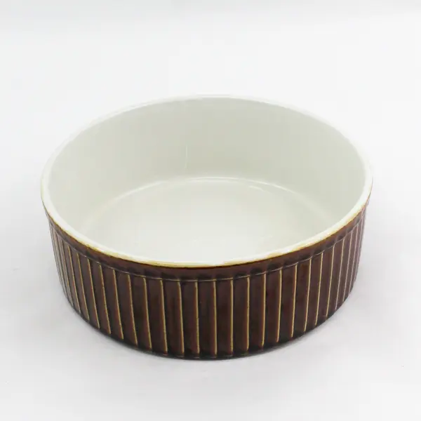 Vintage Brown Glazed Ceramic Ribbed Casserole Soufflé Dish 8.5"