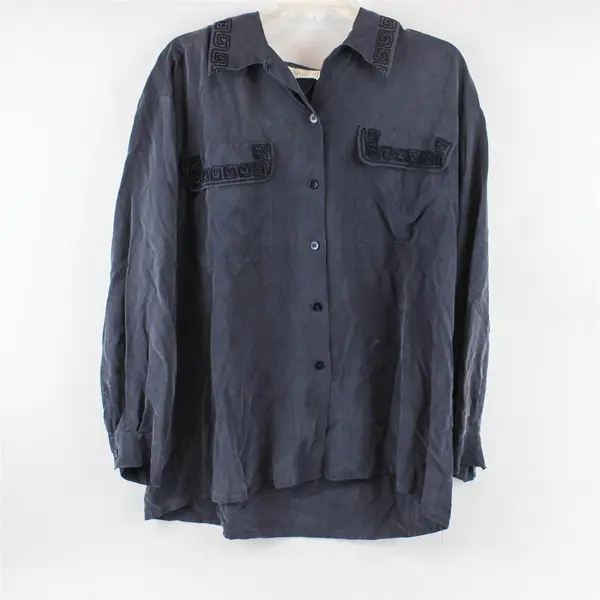 Edward II Embroidered Gray Long-Sleeved Button-Up Blouse Top Women's Size XL