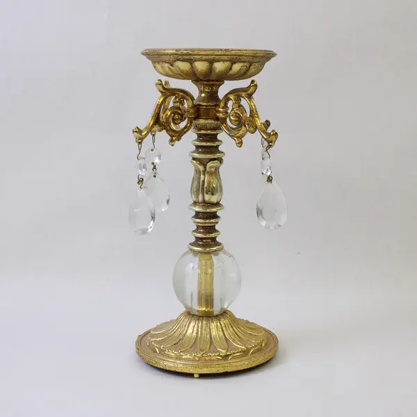 Vintage Hollywood Regency Brass Candelabra with Crystal Prisms 9.5in