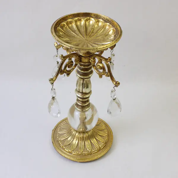 Vintage Hollywood Regency Brass Candelabra with Crystal Prisms 9.5in