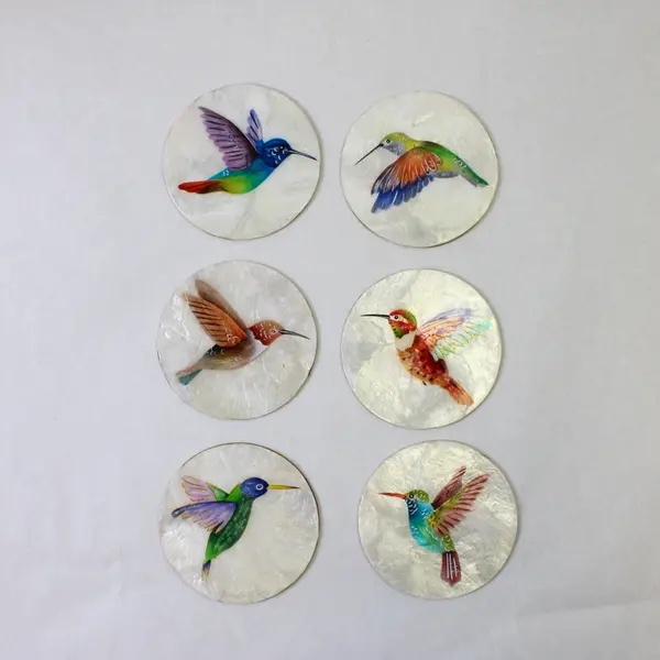 Lot of 6 Decorative Hummingbird Coasters Glossy Finish 4" Round 