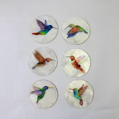 Lot of 6 Decorative Hummingbird Coasters Glossy Finish 4" Round 