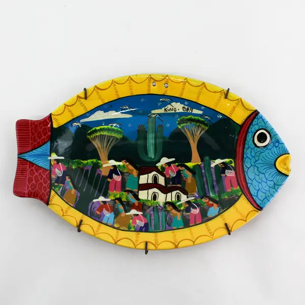 Vtg Mexican Folk Art Clay Terracotta  Fish Tray or Plate with Wire Hanger