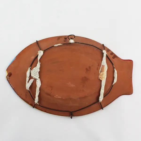 Vtg Mexican Folk Art Clay Terracotta  Fish Tray or Plate with Wire Hanger