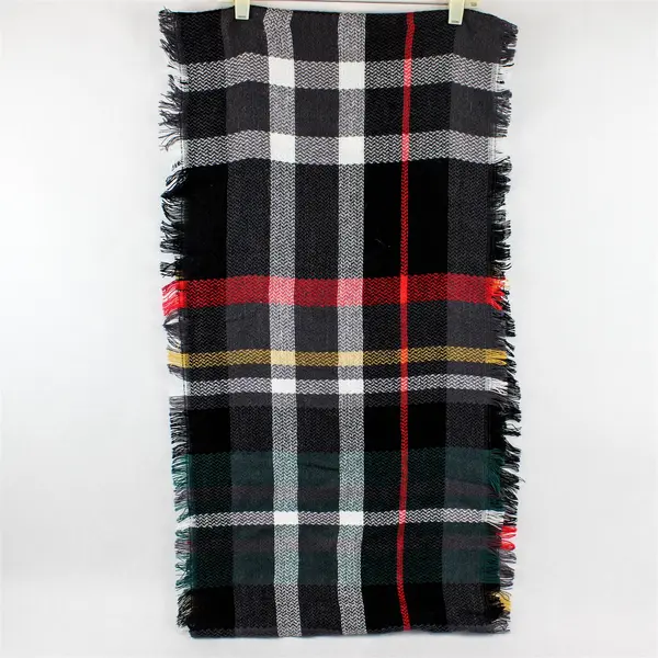 Gray and Multicolor Plaid Fringed Acrylic Knit Loop Scarf