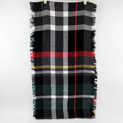 Gray and Multicolor Plaid Fringed Acrylic Knit Loop Scarf