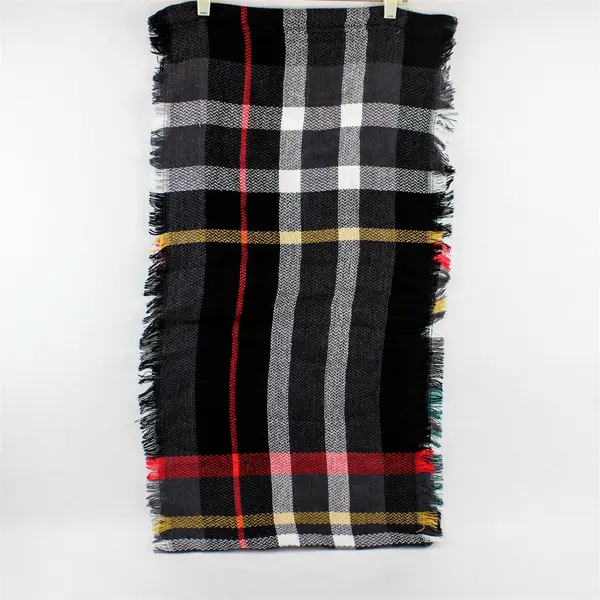 Gray and Multicolor Plaid Fringed Acrylic Knit Loop Scarf