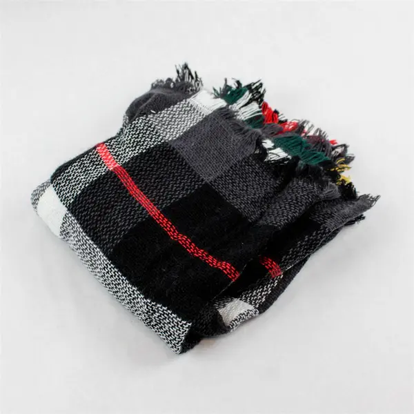 Gray and Multicolor Plaid Fringed Acrylic Knit Loop Scarf