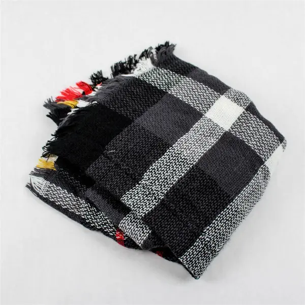 Gray and Multicolor Plaid Fringed Acrylic Knit Loop Scarf