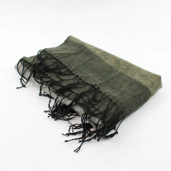 Gray and Green Striped Fringed Rectangle Scarf 24" x 67"