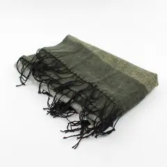 Gray and Green Striped Fringed Rectangle Scarf 24" x 67"