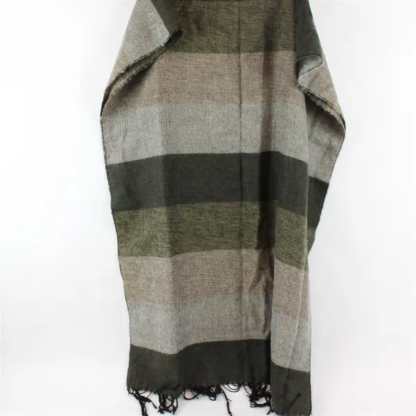 Gray and Green Striped Fringed Rectangle Scarf 24" x 67"