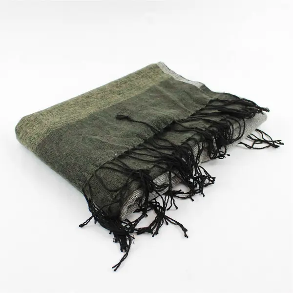 Gray and Green Striped Fringed Rectangle Scarf 24" x 67"