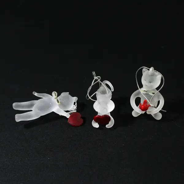 3 Frosted Blown Glass Bear and Cat Christmas Ornaments