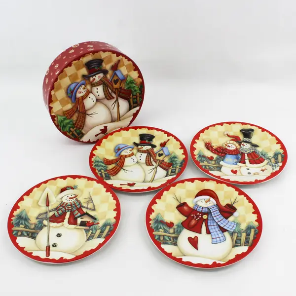 Tii Collections 4 Snowman 8" Christmas Plates W/ Storage Box