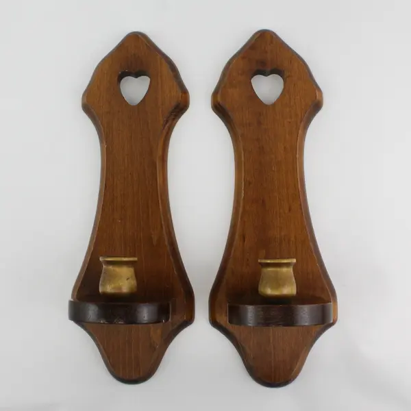 2 Vintage Hand Crafted Farmhouse Wooden Wall Candle Holders Heart Cut Outs 15"
