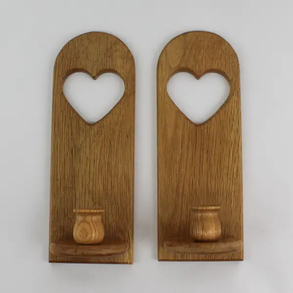 Set Of 2 Vtg 11.75” Wooden Wall Hanging Taper Candle Holders  Heart Cutout