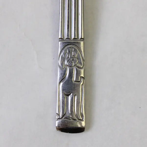 SS Infant Feeding Spoon With Engraved Dog on Ribbed Handle Unknown HTF 6" Long