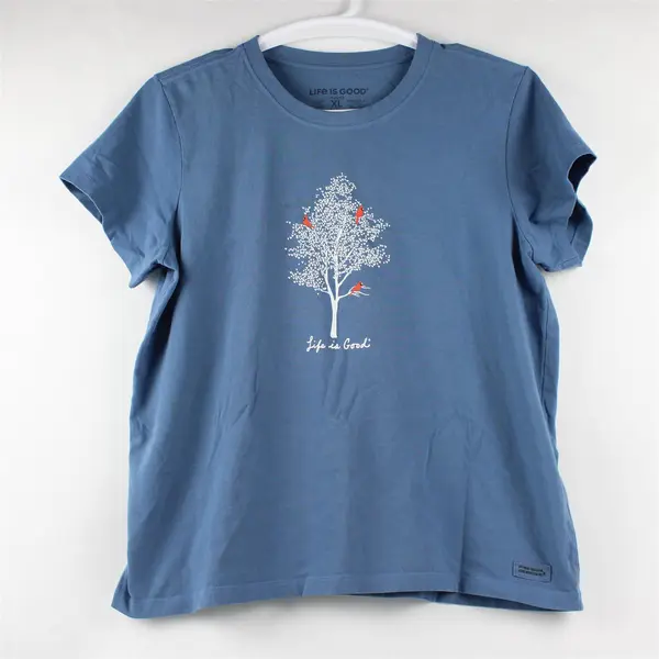 Life Is Good Blue Tree/Cardinal Birds Crusher Style T-Shirt Blue Women's Size XL