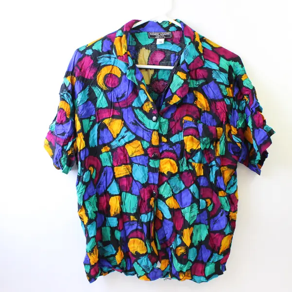 Renee Adams Multicolor Short Sleeve Button Up Top W/ Shoulder Pads Women's Sz 1X