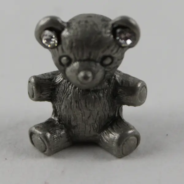 Vintage Pewter Teddy Bear w/White Rhinestone Ears Figurine - 0.6" Tall