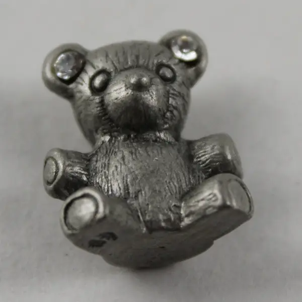Vintage Pewter Teddy Bear w/White Rhinestone Ears Figurine - 0.6" Tall