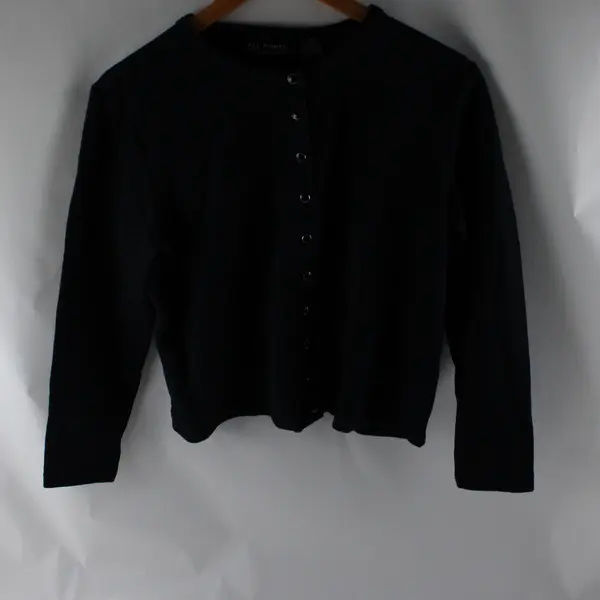 Vtg All Points Women's M Black Tight Knit Cotton Blend Snap Button Up Sweater
