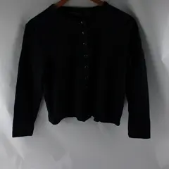 Vtg All Points Women's M Black Tight Knit Cotton Blend Snap Button Up Sweater