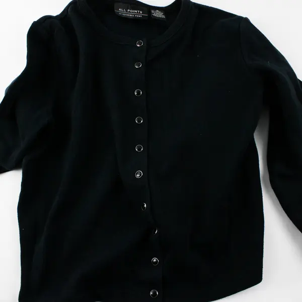 Vtg All Points Women's M Black Tight Knit Cotton Blend Snap Button Up Sweater